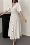 Women's White Midi Length Buttoned V-Neck Short Sleeve Waist Accented Poplin Cotton Dress - 5