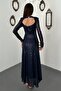 Women's Navy Blue V-Neck Long Sleeve Backless Sequined Midi Dress - 5