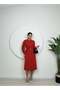 Women's Red - Red Midi Shirt Dress with Pocket Detail, Belted, Long Sleeve, A-Line