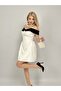 Women's White - White Strappy Off-Shoulder Contrast Collar Gathered Mini Satin Dress - 3