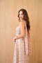 Women's Pink Floral Patterned Strapless Midi Dress with Scarf Detail - 4