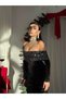 Women's Black Boat Neck Sequin Detailed Velvet Long Sleeve Midi Dress - 5