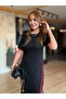 Women's Short Sleeve Crew Neck Side Slit Stripe Detailed Modal Midi Dress - 3