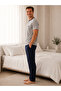 Men's Gray Melange Buttoned Collar Cotton Long Trousers Pajama Set Navy Blue Bottom Comfortable Home Wear - 2