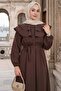 Collar Detailed Elastic Waist Belted Dress Brown Hm2946 - 2