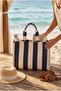 Navy Blue Striped Large Capacity Beach Bag – Fabric Shoulder Bag, Casual & Vacation Use - 2