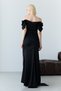 Black Boat Neck Stone Embroidered Drapeli Long Evening Dress - 7