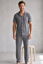 Gray Melange Men's Short Sleeve Shirt Collar Buttoned Ribbed Pajama Set7822 - 2