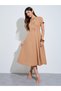 Brown Round Neck Bow Detail Midi Dress - 2