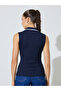 Navy Blue Embroidered Sleeveless Knit Polo Top - 5