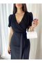 Women's Double Breasted Collar Midi Length Belted Crepe Dress 120 Cm - 8
