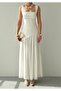 Women's White Midi Dress with Square Collar, Straps, Slits, Draped Chiffon Atlas - 3