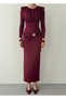 Women's Burgundy Midi Dress with Draped Long Sleeves and Gathered Metal Accessory Detail - 2