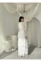 Women's Blue Chiffon Floral Patterned Layered Flounce Belted Long Dress - 6
