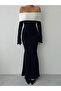 Women's Black Long Dress Off Shoulder Contrast Collar Long Sleeve Fish Cut - 2