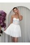 Women's White Mini Dress Strapless Sweetheart Neckline Gathered Tulle Skirted Mini Evening Dress