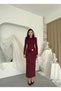 Women's Burgundy Midi Dress with Draped Long Sleeves and Gathered Metal Accessory Detail - 4