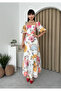 Women's White Floral Patterned Square Neck Balloon Sleeve Flounced Midi Linen Dress - 3