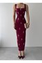Women's Burgundy Midi Dress with Square Collar, Stone Detail, Straps and Body-Fitting Fit - 2