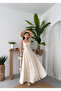 Women's Beige Midi Dress with Square Collar, Straps, Floral Texture, Flared Cut - 6