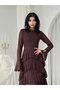 Women's Brown Midi Dress with Crew Neck, Transparent Sleeves, Layered Flounces, Atlas - 2