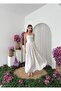 Women's White Midi Dress with Thin Straps, Square Neck, Floral Pattern, Gathered - 6