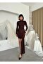 Women's Coffee Mini Dress Draped Gathered Long Sleeve High Collar Bodycon - 4
