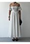 Women's Ecru Polka Dot Off-Shoulder Balloon Sleeve Gathered Midi Dress - 2