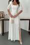 Women's Ecru Satin Square Neck Balloon Sleeve Waist Detailed Slit Maxi Dress - 4
