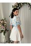 Women's Floral Pattern Blue Mini Dress Floral Pattern Belt Detailed Balloon Sleeve Linen - 6