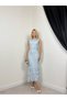 Women's Blue Midi Lace Embroidered Sleeveless Ballerina Collar Lined Event Dress