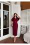 Women's Burgundy - Bordo V-Neck Belted Midi Length Kimono Sleeve Waist-Fitted Dress