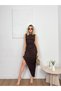 Women's Brown Ribbed Knitwear Backless Gathered Slit Long Tight Dress