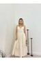 Women's Beige Strappy V-Neck Embroidered Tie-Detail Flared Maxi Dress