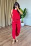 Women's Red Linen Sleeveless Blouse with Elastic Waist and Pockets Wide Leg Two-Piece Set - 4