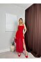 Women's Red Strappy Square Neck Gathered Tulle Detailed Slit Maxi Dress - 2