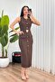 Women's Brown Belted Buttoned Sleeveless Midi Slit Dress with Pocket Detail - 3