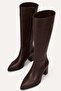 Culina Pointed Toe Thick Heeled Side Zipper Below the Knee Women's Brown Leather Boots - 4