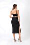 Black Bodycon Midi Pencil Dress |   Thin Strap Pool Collar |   Cut Out Backless Design with Slit Detail |   Viscose Blended Interlock Stretch Knitted Fabric - 2