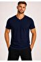 Men's Dark Navy Blue Cotton V-Neck Short Sleeve T-Shirt-D804
