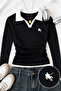Ophella Polo Collar Embroidered Gathered Long Sleeve Blouse