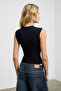 Orilenna Women's Front Knot Detailed Bodycon Zero Sleeve Slim Fit Navy Blue Blouse - 6