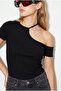 Women's Black Asymmetrical Shoulder Cut-Out Ribbed Blouse 60382623 - 4