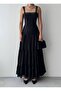Women's Black Midi Dress Square Collar Lace Strap Layered Skirt Poplin Textured - 2