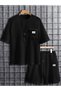 Men Black Waffle Knit T-Shirt and Shorts Set
