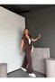 Women's Brown Poplin Detailed Double Suit with Zipper Zero Sleeve Vest Cotton Modal Wide Leg Pants - 4