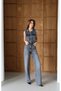 Women's Anthracite Sleeveless Shirt Collar Belted Pocketed Long Leg Denim Jumpsuit - 4