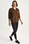 Women's Stand Collar Half Zipper Pocket Detailed Oversize Modal Bitter Brown Sweatshirt - 3