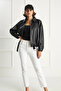 Women's Oversize Buckle Leather Black Jacket - 6