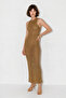 Women's Openwork Knitted Crew Neck Fitted Maxi Beach Dress Khaki - 2